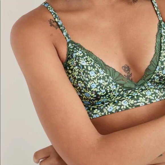 Aerie Bralette Women’s Size Medium Brown Pink Floral Shine Triangle Lace Silky‎ - Picture 6 of 10